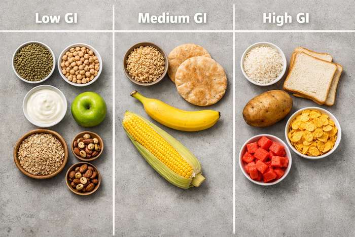 Overhead view of three food groupings on gray surface showing low GI foods like lentils and oats on left, medium GI foods like brown rice in center, and high GI foods like white bread and potatoes on right