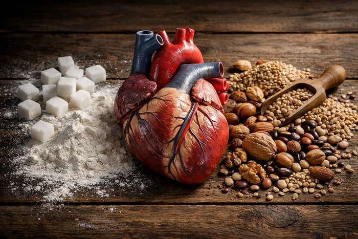 Realistic anatomical heart model on wooden surface flanked by sugar cubes and white flour on one side and protective whole grains, nuts, and legumes on the other, illustrating dietary impact on heart health