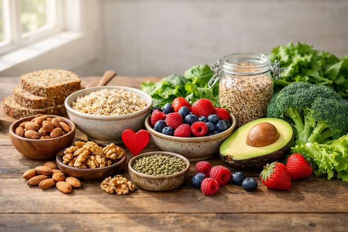 Rustic wooden table arrangement of low glycemic index foods including steel-cut oats, fresh berries, whole grains, nuts, lentils, avocado, and quinoa with soft natural lighting and a small red heart decoration