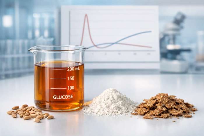 Laboratory setting with glass beaker of glucose solution, whole grain kernels, white flour, and bran flakes on white surface, with blood glucose response curves chart visible in background