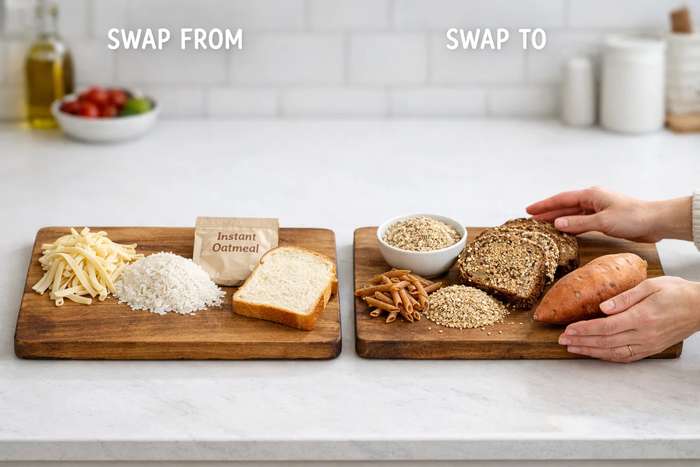 Two wooden cutting boards comparing high glycemic foods like white rice and white bread on left with healthier alternatives like quinoa and whole grain bread on right, with hands reaching toward healthy options