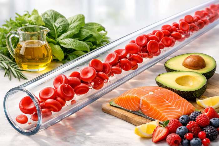 Clear glass tubing representing healthy blood vessels surrounded by heart-protective foods including olive oil, salmon, leafy greens, avocado, and berries, illustrating cardiovascular benefits of low-GI eating