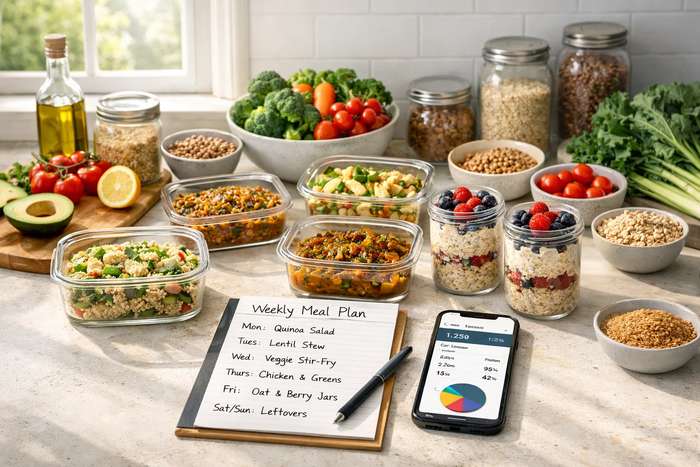 Modern kitchen meal prep scene with glass containers of low-GI meals, weekly planning notepad, smartphone nutrition app, and organized fresh ingredients in bright morning light, representing sustainable healthy eating habits